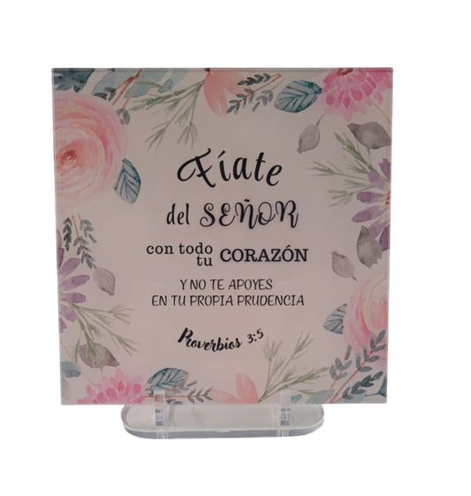 PLACA METACRILATO CUADRADA FLORAL PROVERBIOS 3:5